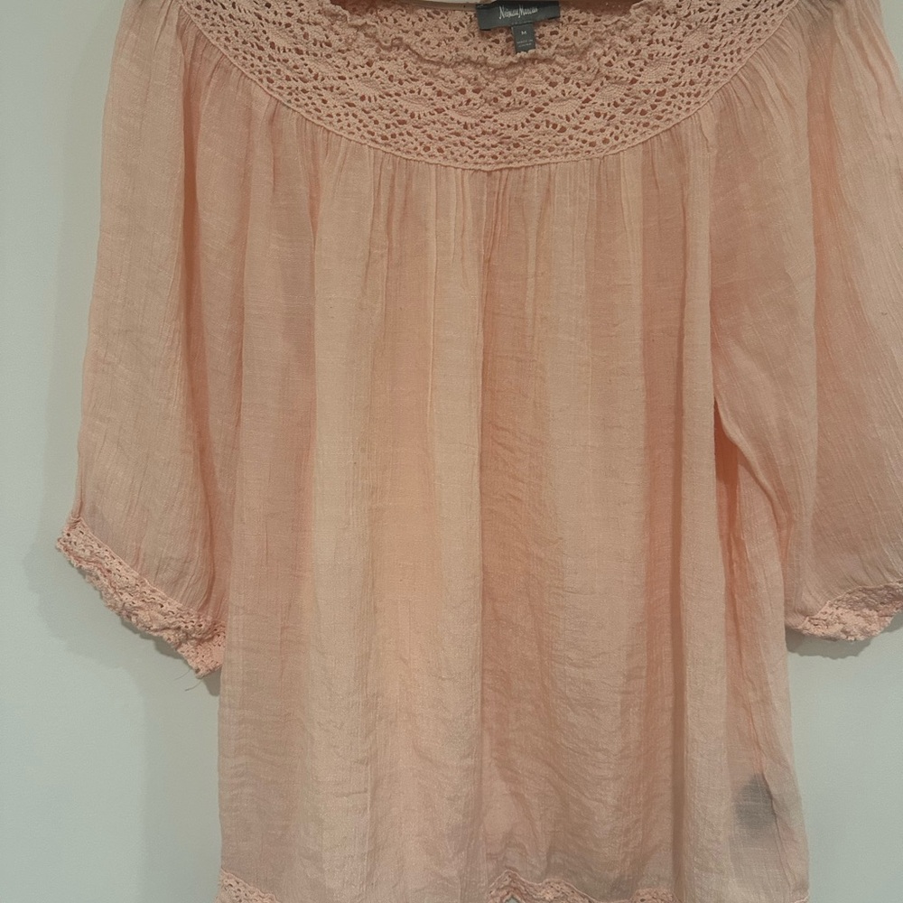 Elegant Lace Trim Pink Blouse: Norman Marcus size‎ M